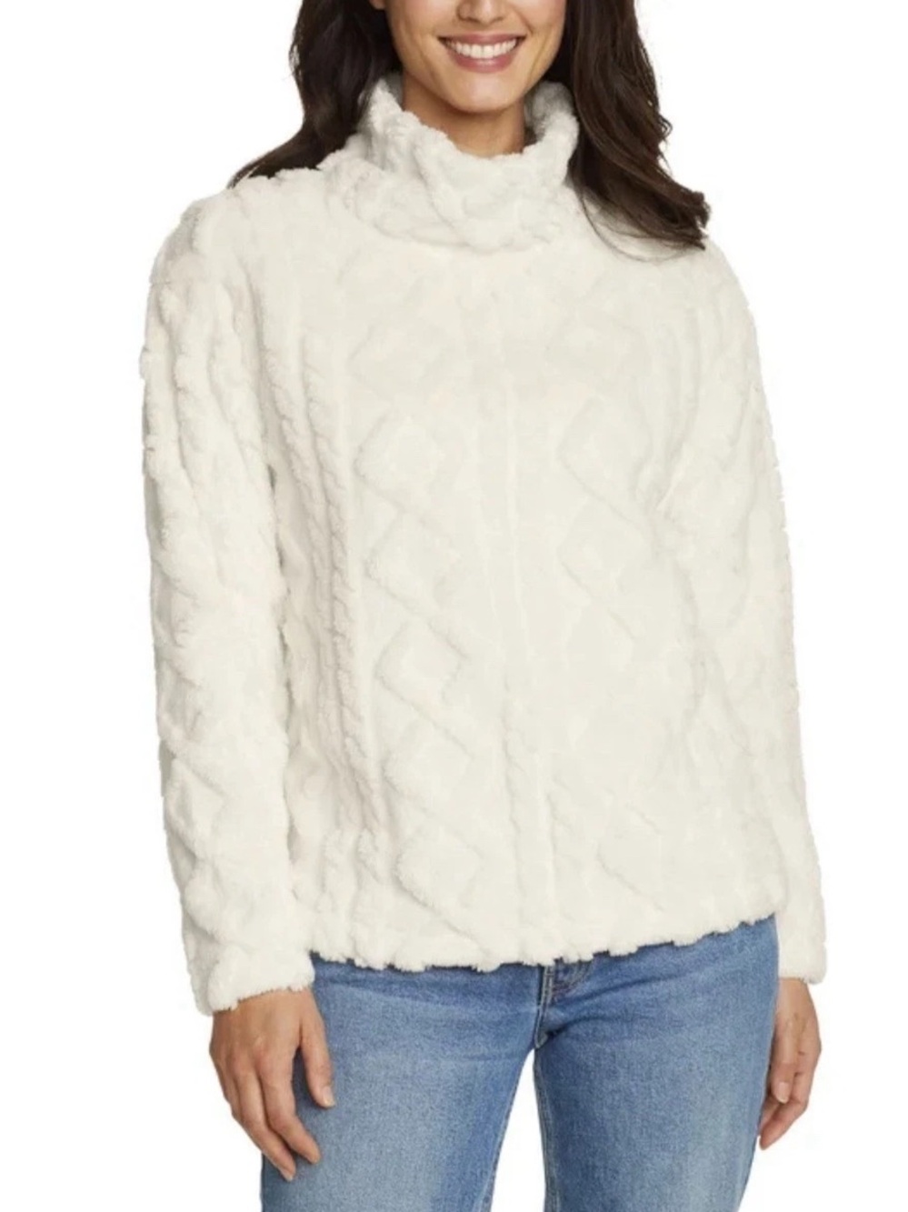 Eddie Bauer Ivory Plush Cable Turtleneck Sweater